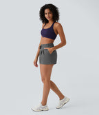 Short 7,5cm Casual à Taille Moyenne avec Ceinture Élastique Cordon de Serrage et Poches Latérales Ruchées