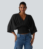 Blouse décontractée effet lin col V, manches chauve-souris et détails froncés