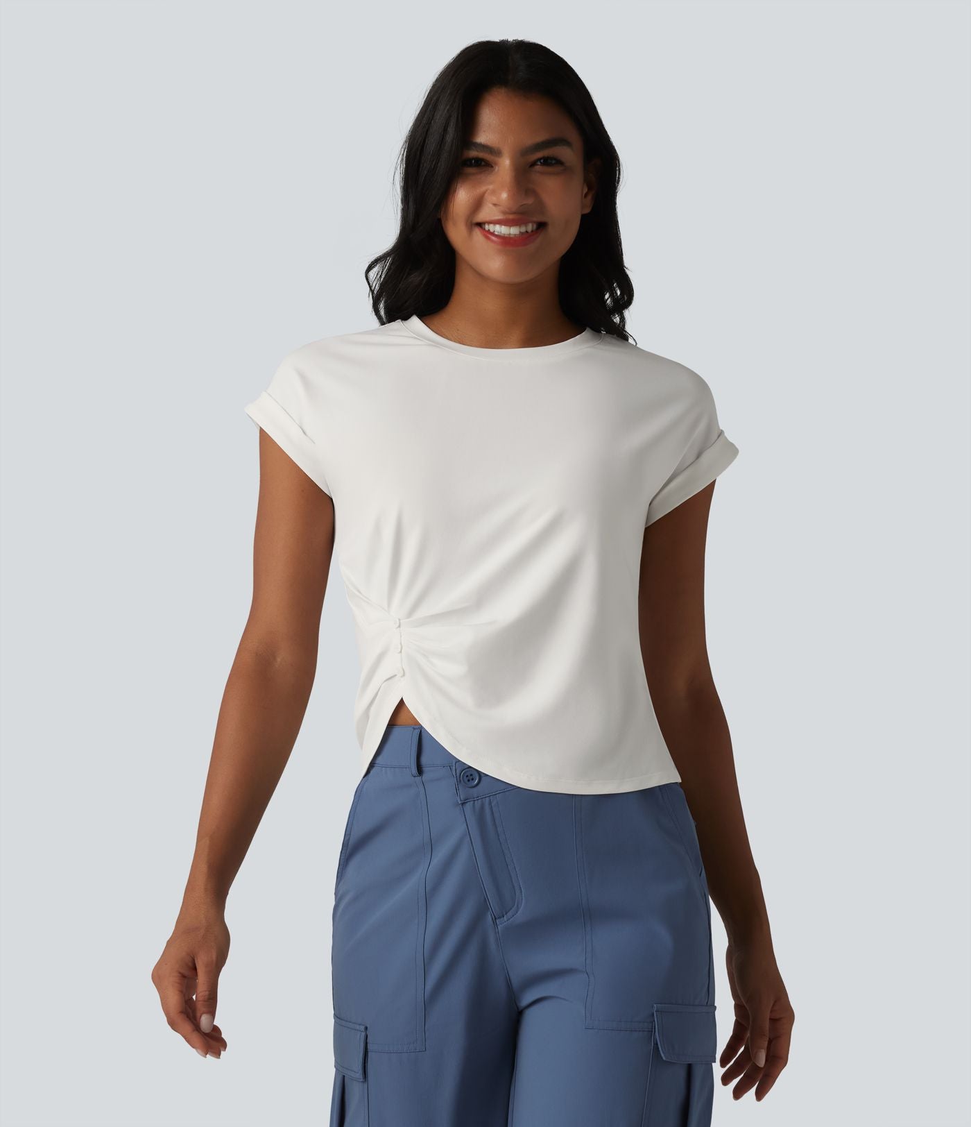 T-shirt casual col rond manches courtes avec ourlet incurvé et fentes latérales