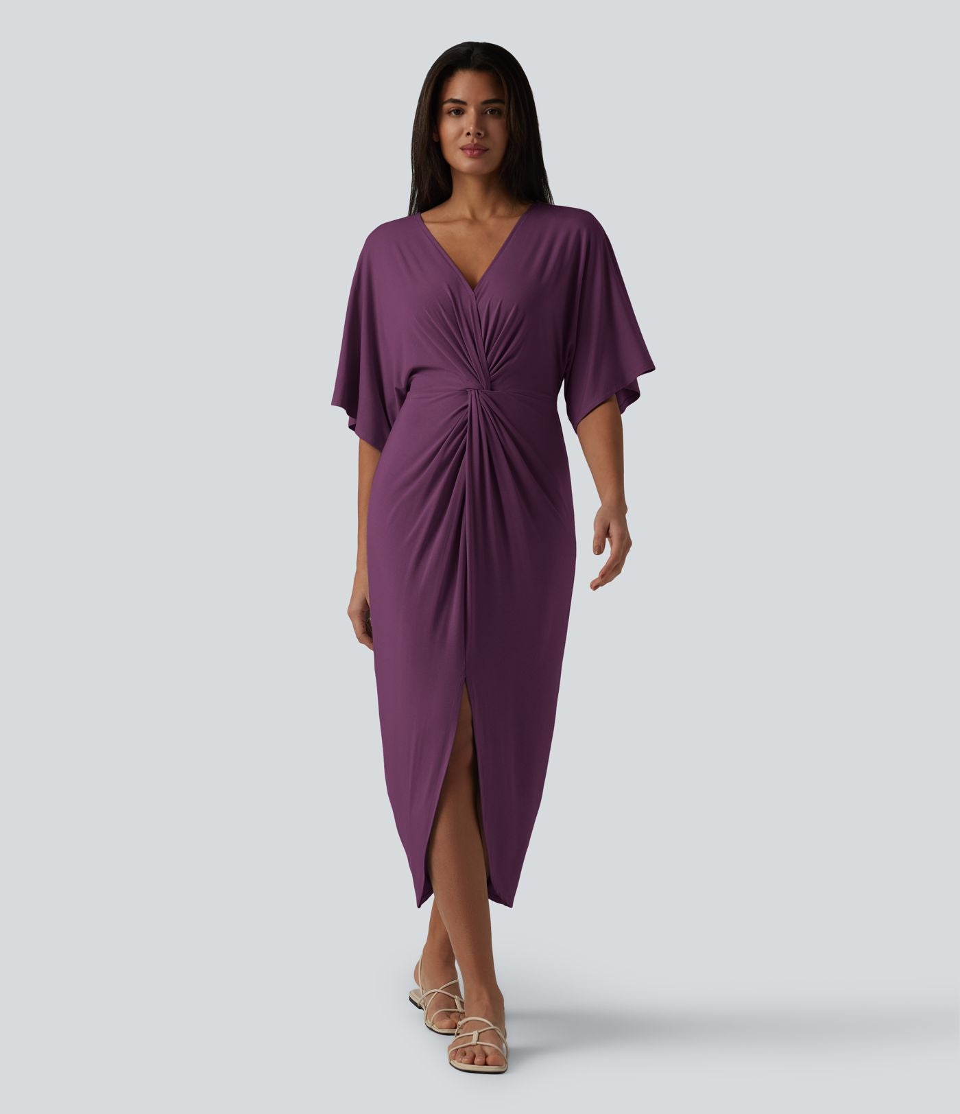 Robe midi col V manches chauve-souris ourlet tulipe torsadé