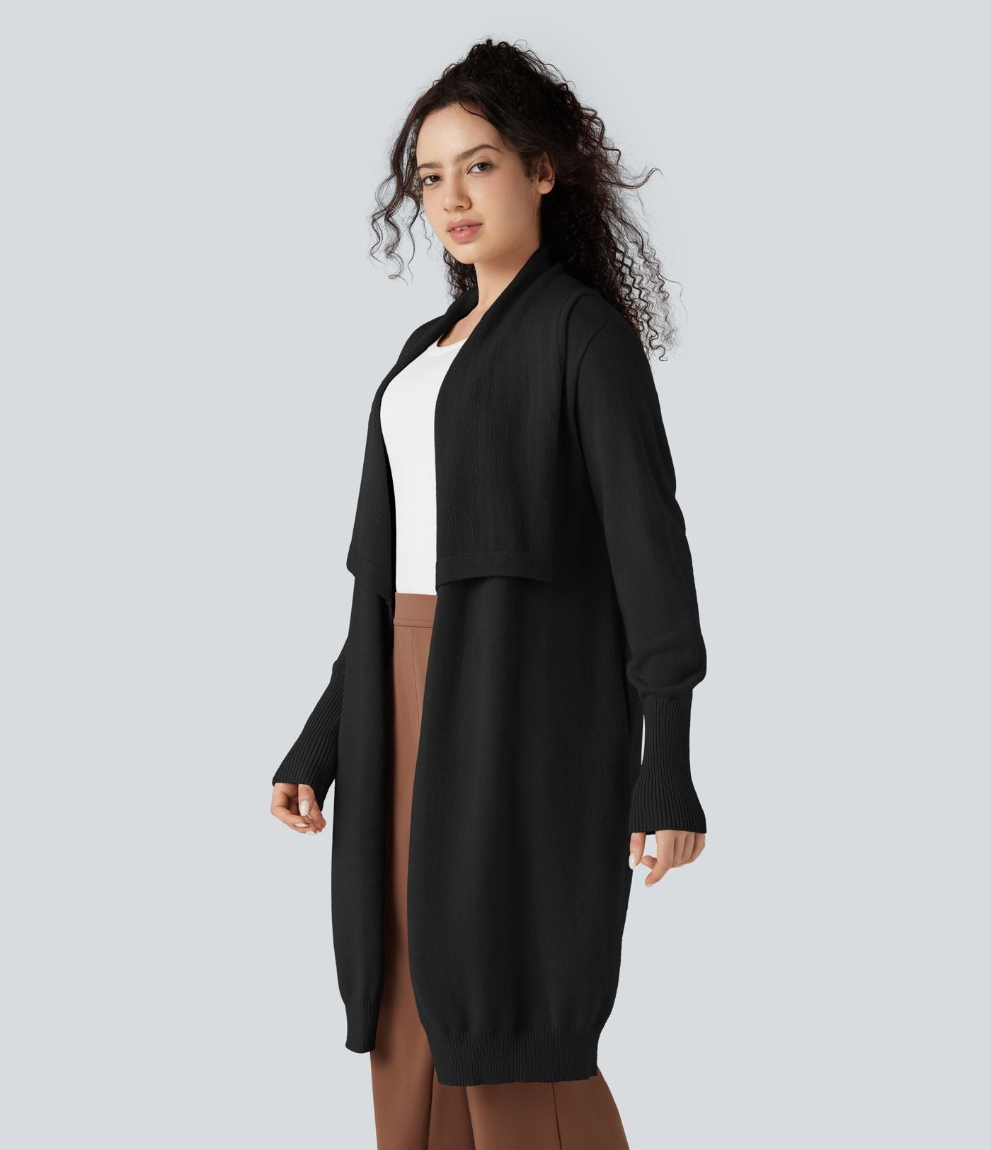 Cardigan long col tailleur manches longues avec poches