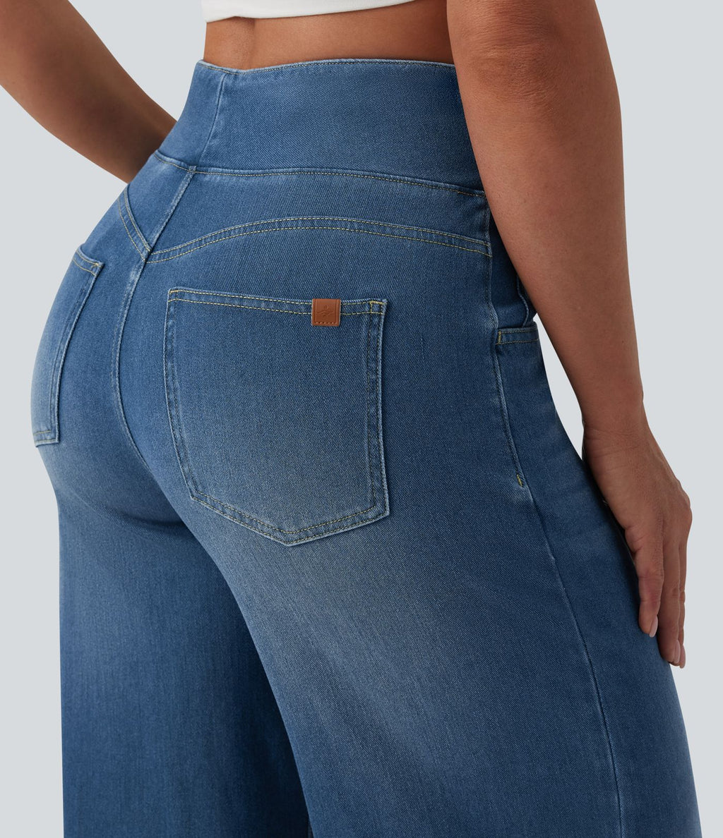 Halara Flex™ Jean large casual taille haute ventre plat, en lyocell drapé effet délavé, avec poches