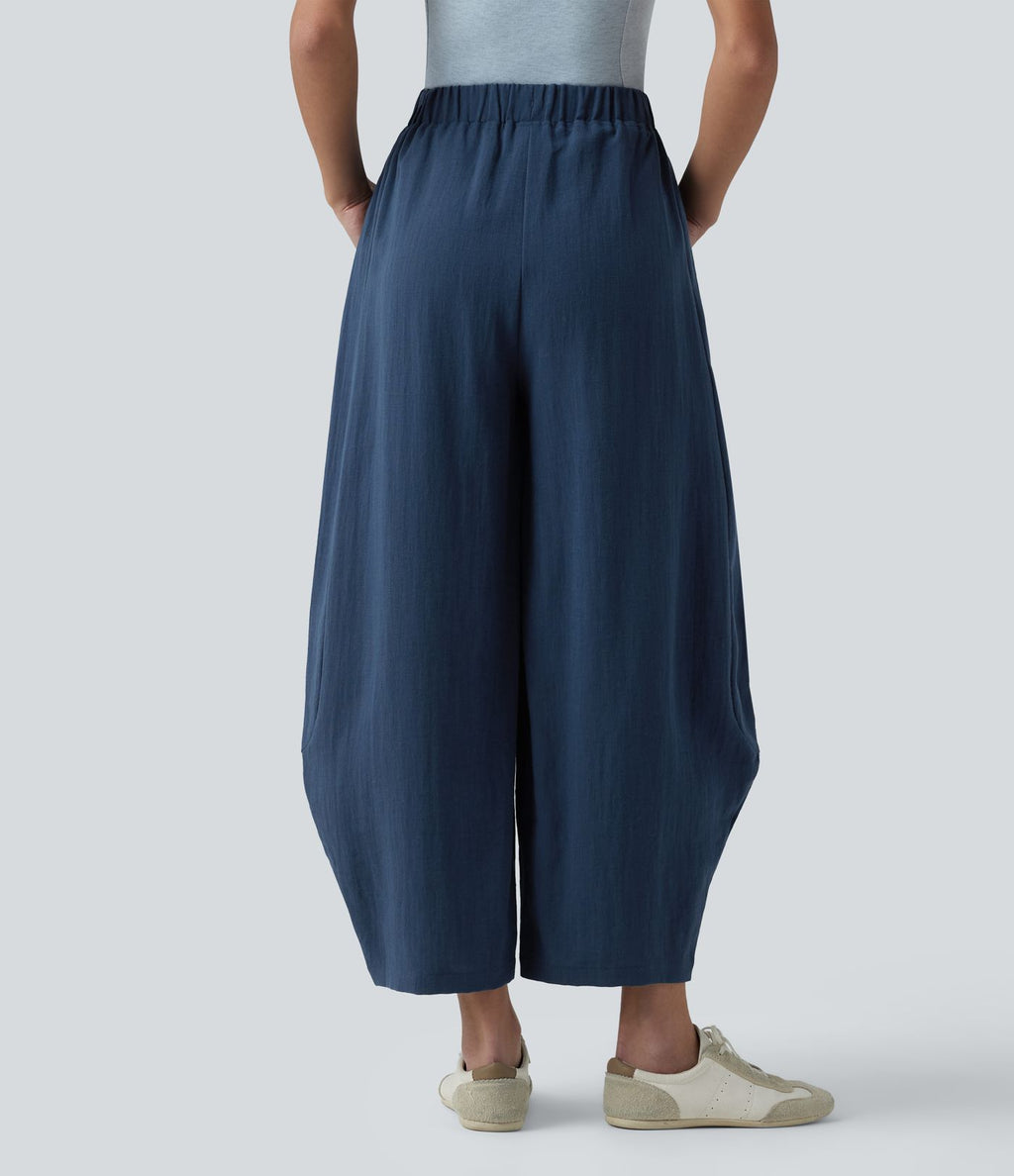Pantalon décontracté effet lin jambes ballon taille haute avec cordon de serrage et poches