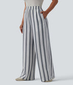 Pantalon casual ample taille haute aspect lin à rayures avec poches