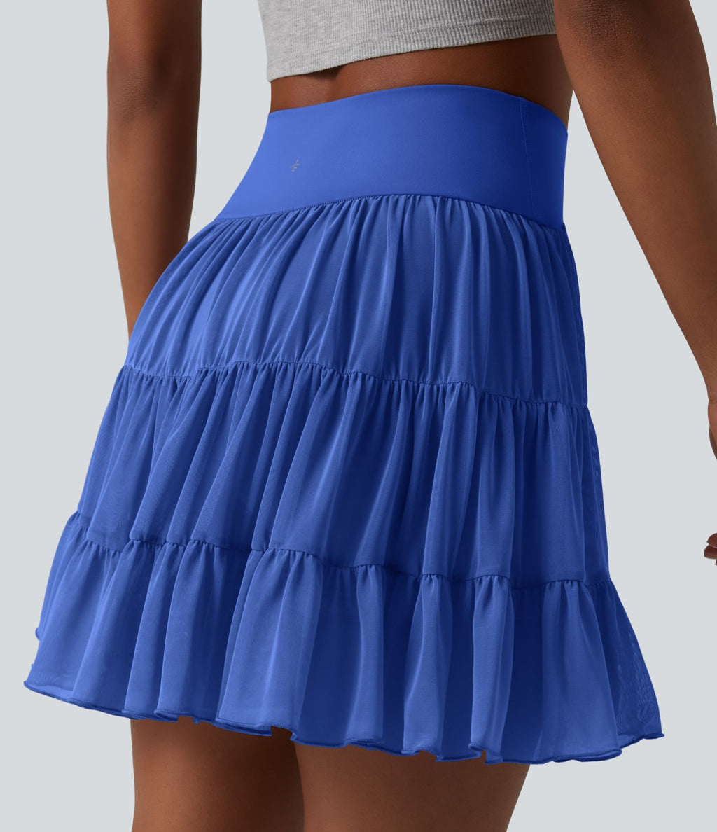 Jupe mini de tennis 2 en 1 croisée évasée taille haute avec poches - longueur allongée