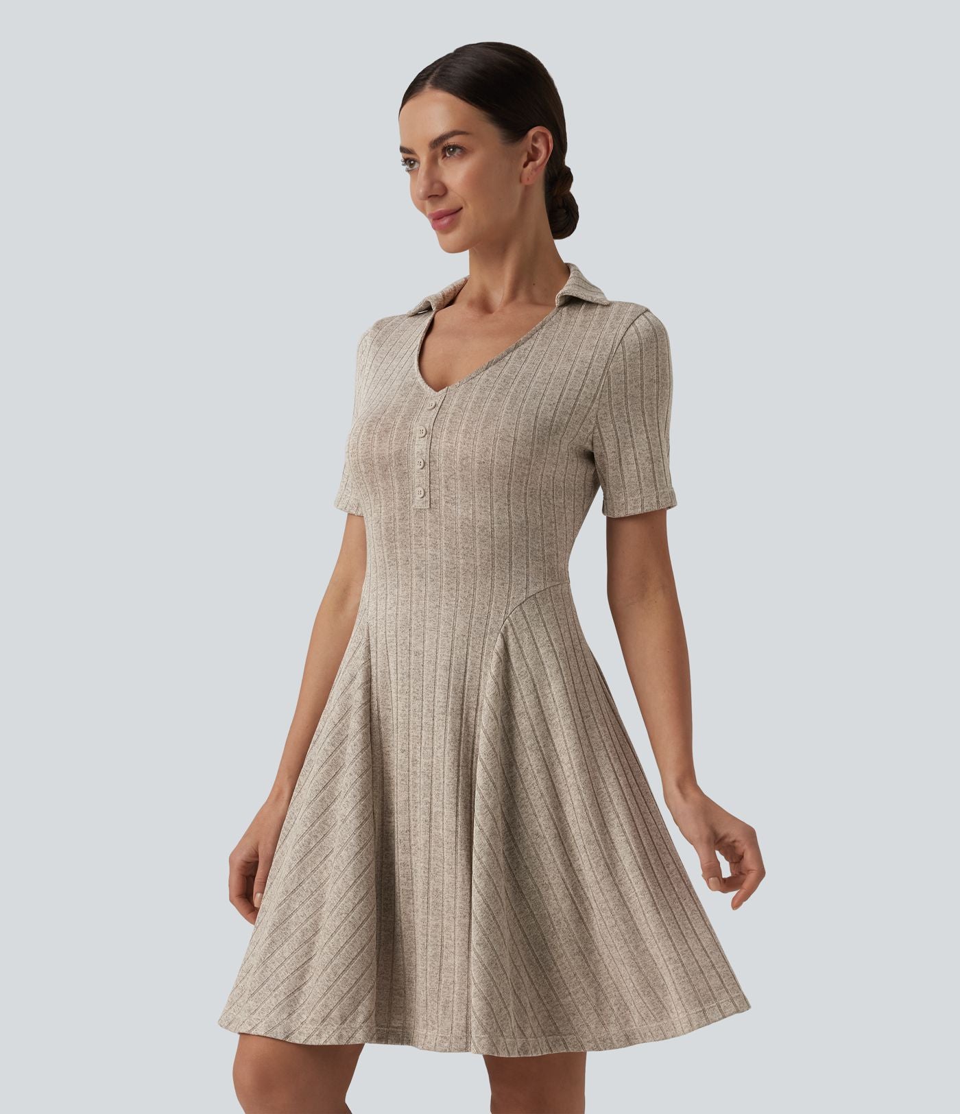 Robe mini casual évasée col V manches courtes en maille côtelée