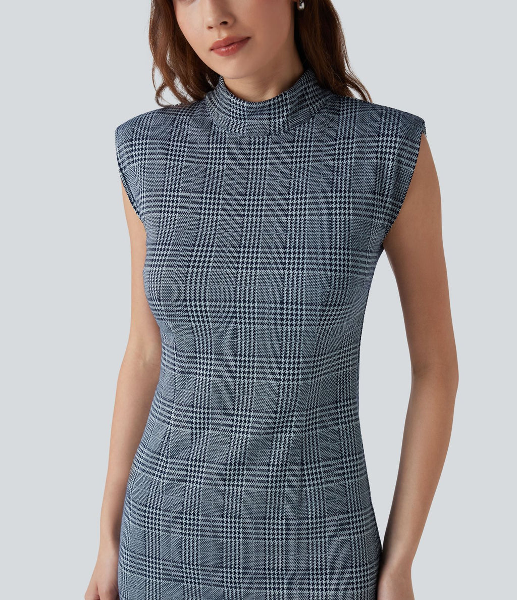 Robe de travail midi moulante sans manches col montant pied-de-poule à carreaux