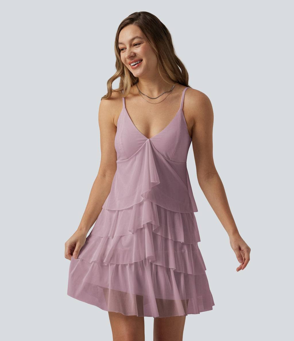 Robe nuisette courte décontractée à volants, dos nu croisé, empiècement en résille, brassière intégrée et poches