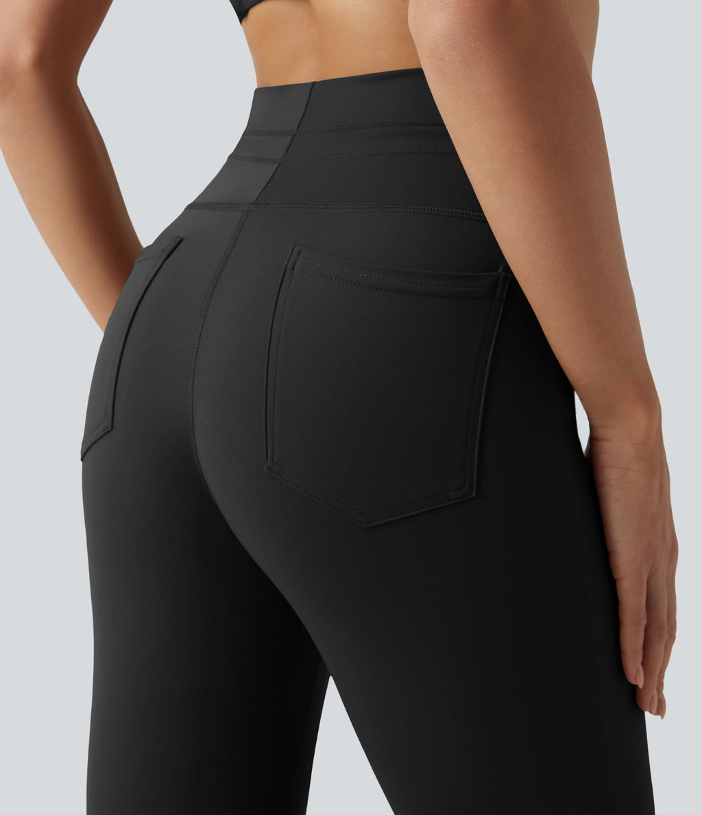 Pantalon de yoga évasé taille haute avec cordon de serrage uni et poches
