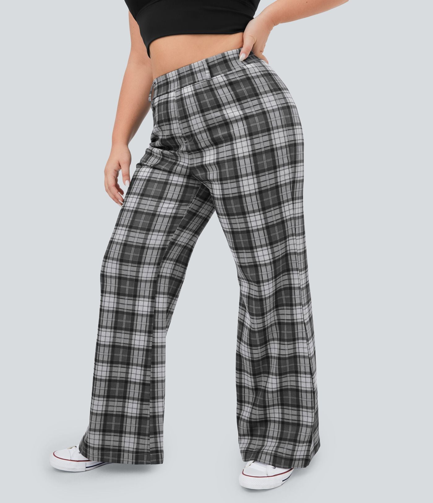 Pantalon Large Casual Taille Haute Carreaux Grande Taille