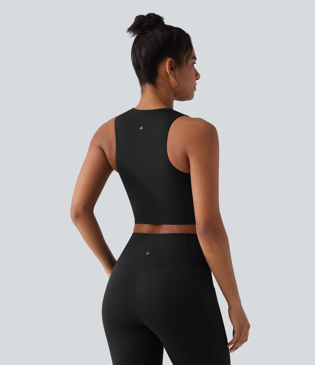 Débardeur yoga court SoftlyZero™ col rond déchiré avec dentelle contrastante - UPF50+