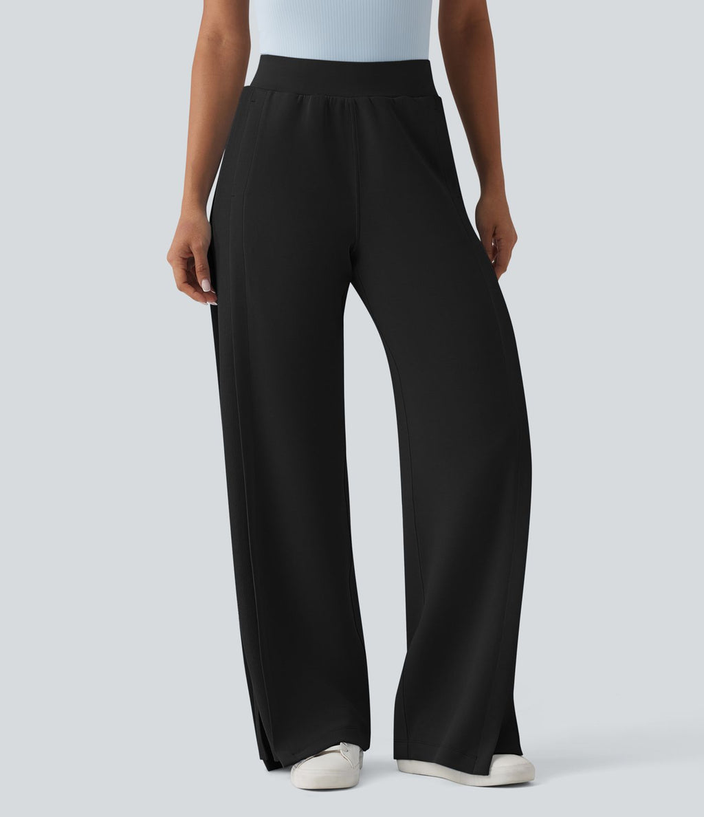 SpacerTek™ Pantalon large fluide décontracté taille haute avec cordon de serrage intérieur, côtes contrastées, fentes et poches