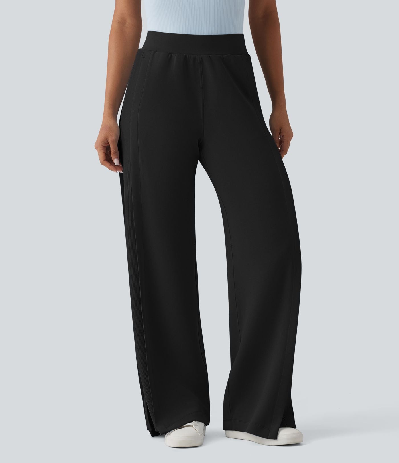 SpacerTek™ Pantalon large fluide décontracté taille haute avec cordon de serrage intérieur, côtes contrastées, fentes et poches