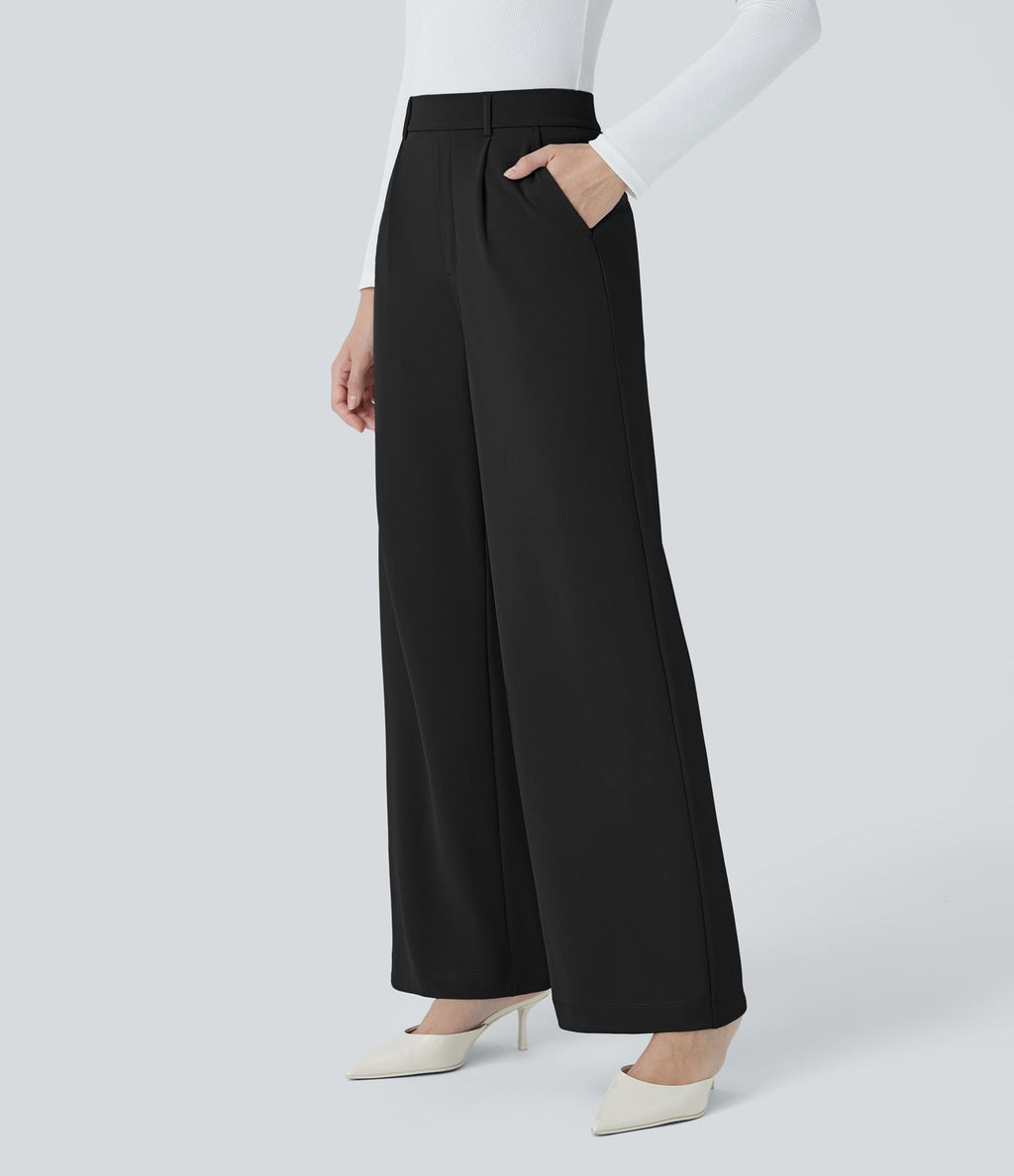 Halara Flex™ Pantalon Tailleur Droit à Taille Haute avec Pli Poches Latérales en Crêpe