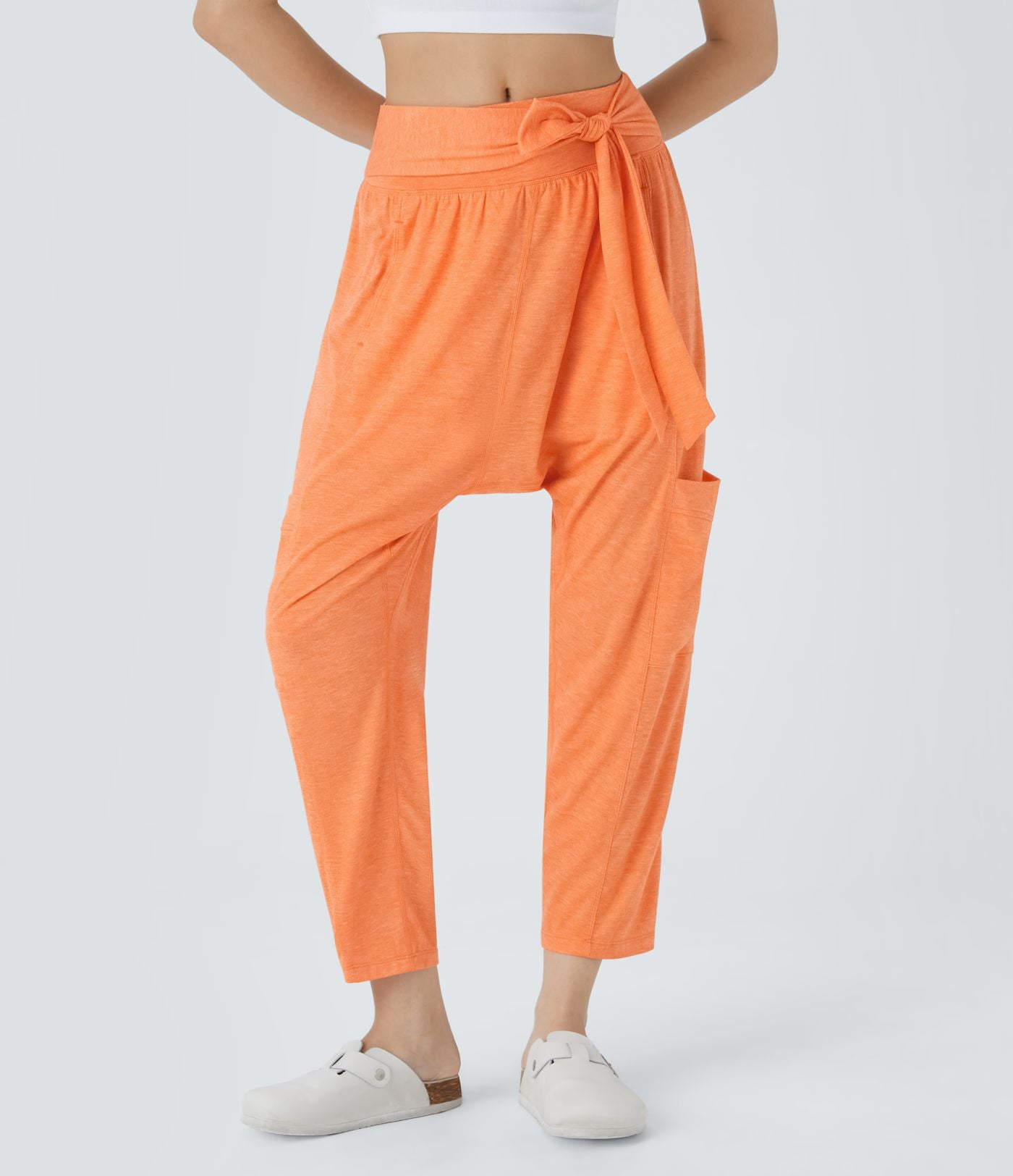 Pantalon Harem Casuak à Taille Mi-Haute avec Liens sur le Côté et Multiples Poches
