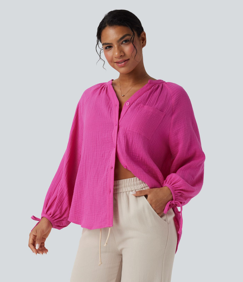 Chemise décontractée coton col V manches longues avec laçage et poche