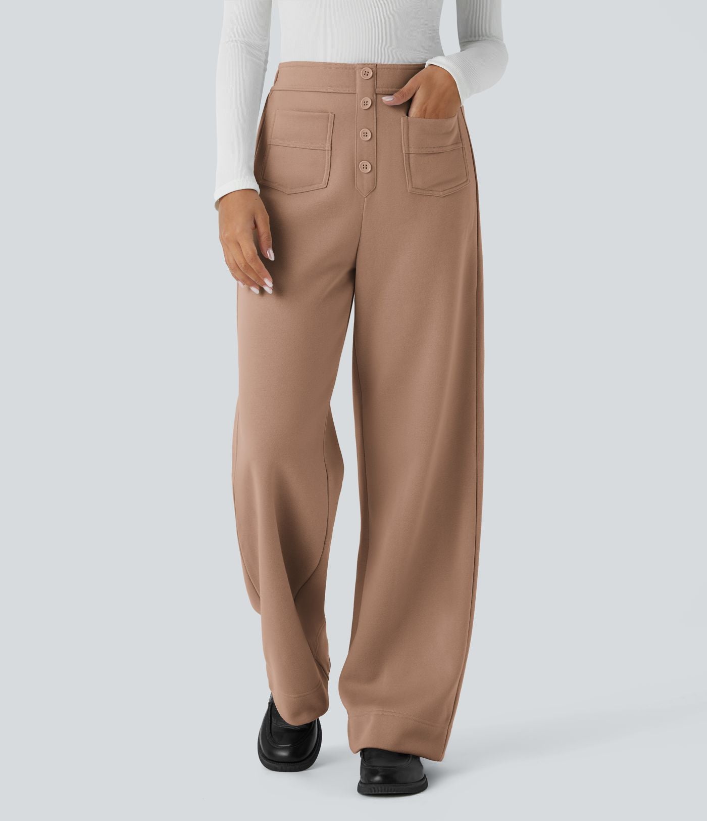 Pantalon Jogging en Fleece Thermique Jambe Droite Boutons Taille Haute Plusieurs Poches