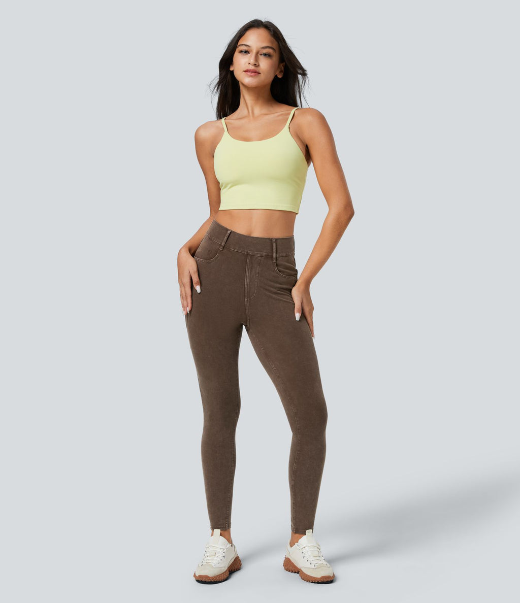 Halara Flex™ Jean Casual Skinny en Tricot Extensible Coloré Lavé à Taille Haute avec Plusieurs Poches