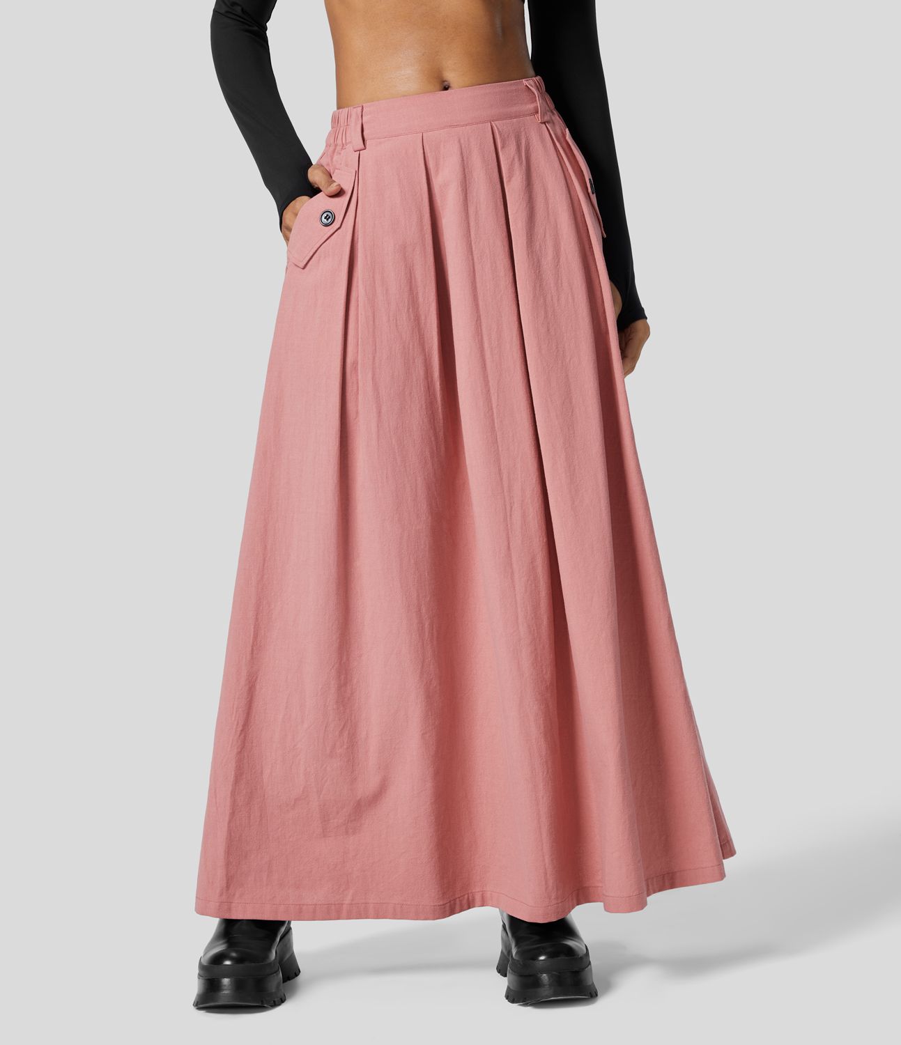 Jupe Casual Maxi Évasée à Taille Haute avec Plis et Poches Latérales Effet Lin
