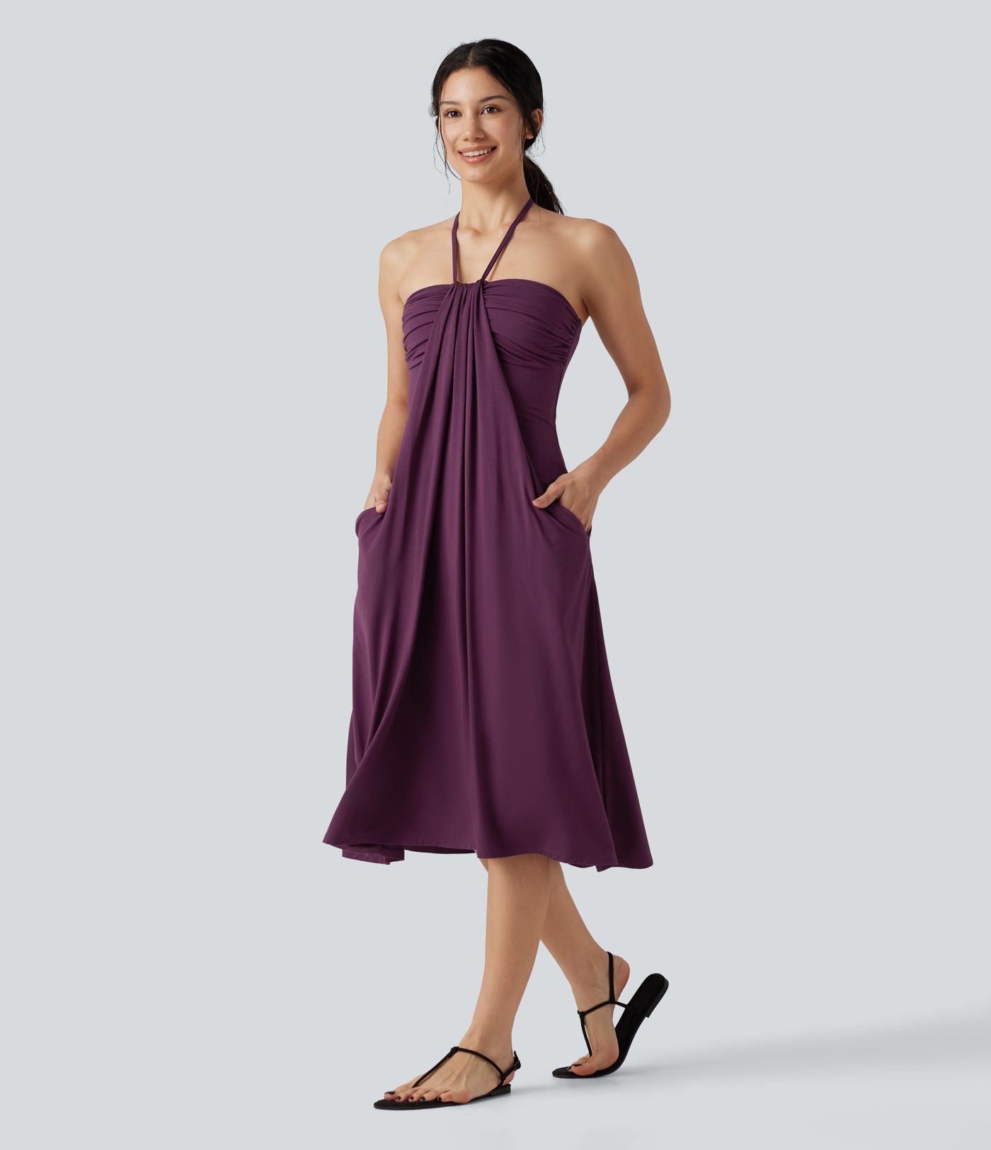 Robe midi trapèze dos-nu à nouer, à poches