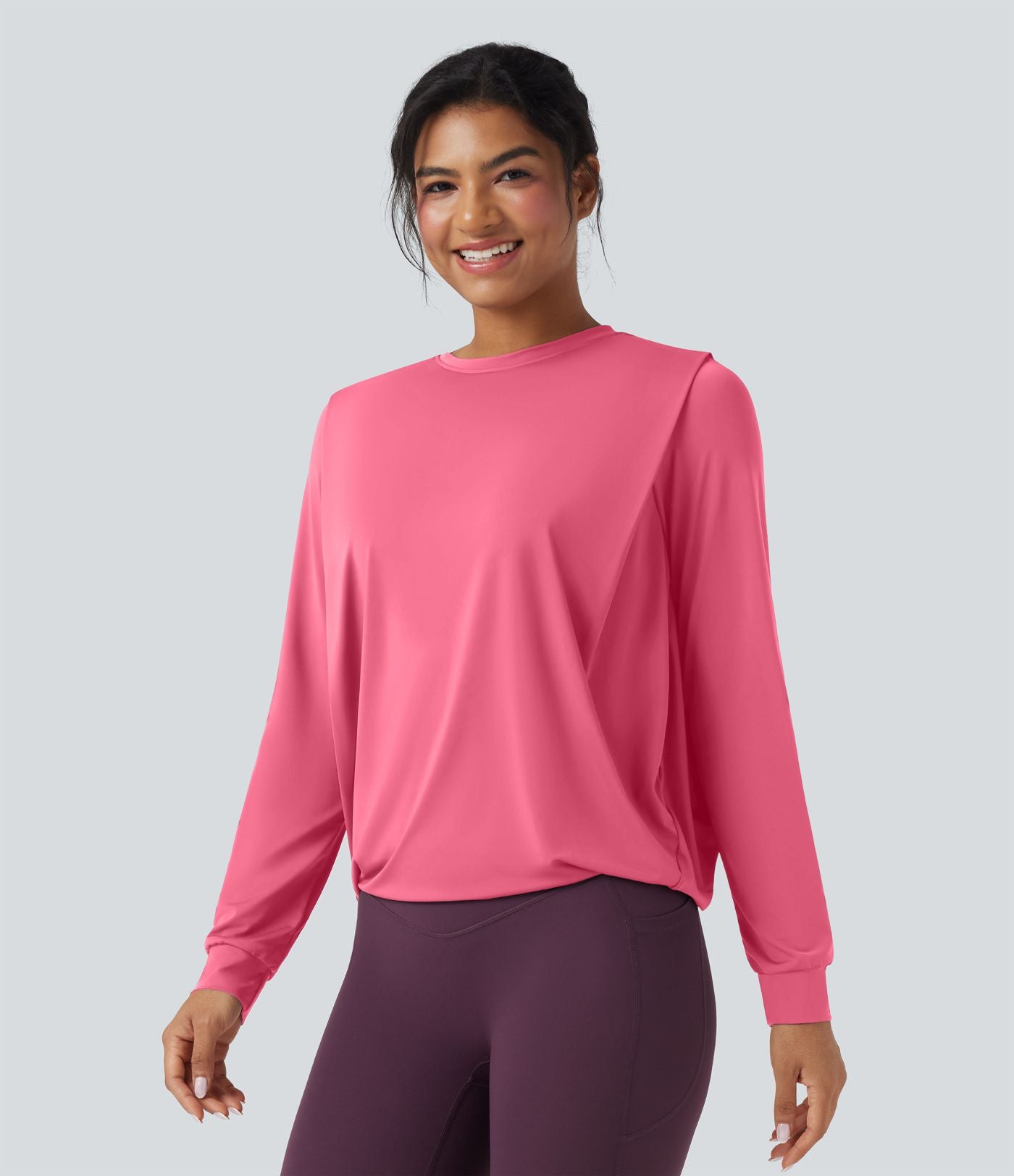 Haut de sport yoga col rond manches longues froncé - UPF50+