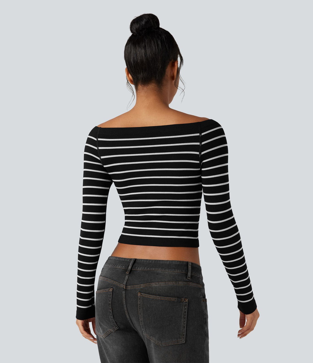 Haut de sport épaules dénudées manches raglan longues à rayures sans couture OneForm Seamless Flow