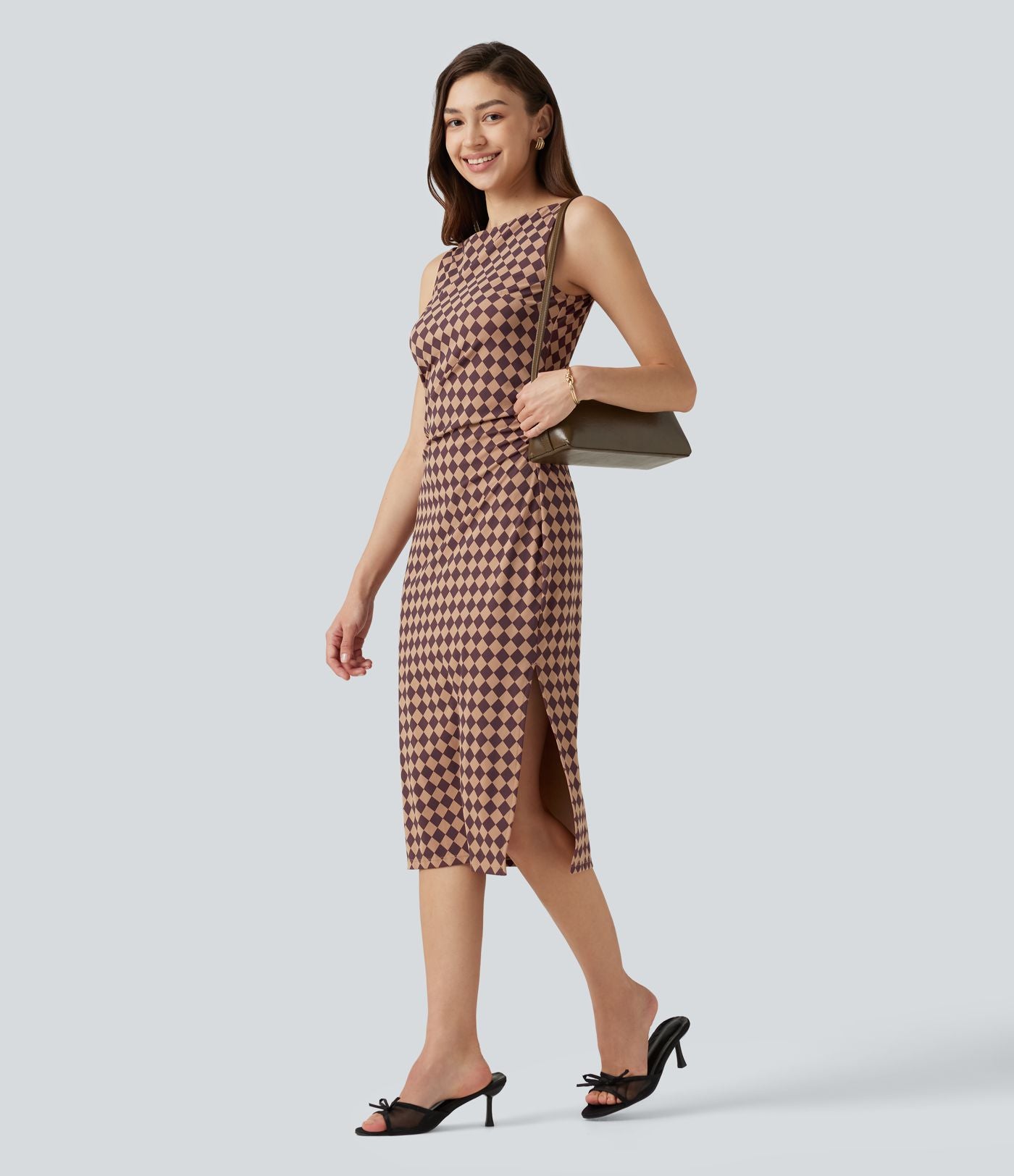 Robe midi moulante Halara UltraSculpt™ motif tartan, encolure bateau et sans manches