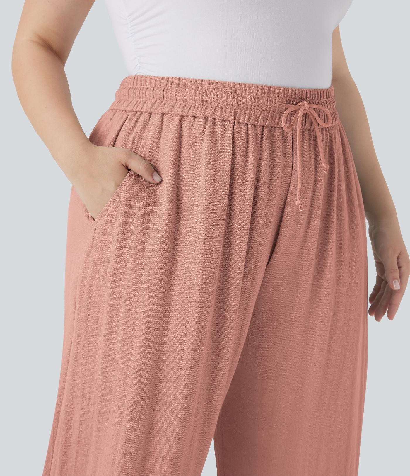 Pantalon décontracté grande taille large fluide taille haute effet lin avec cordon de serrage et poches