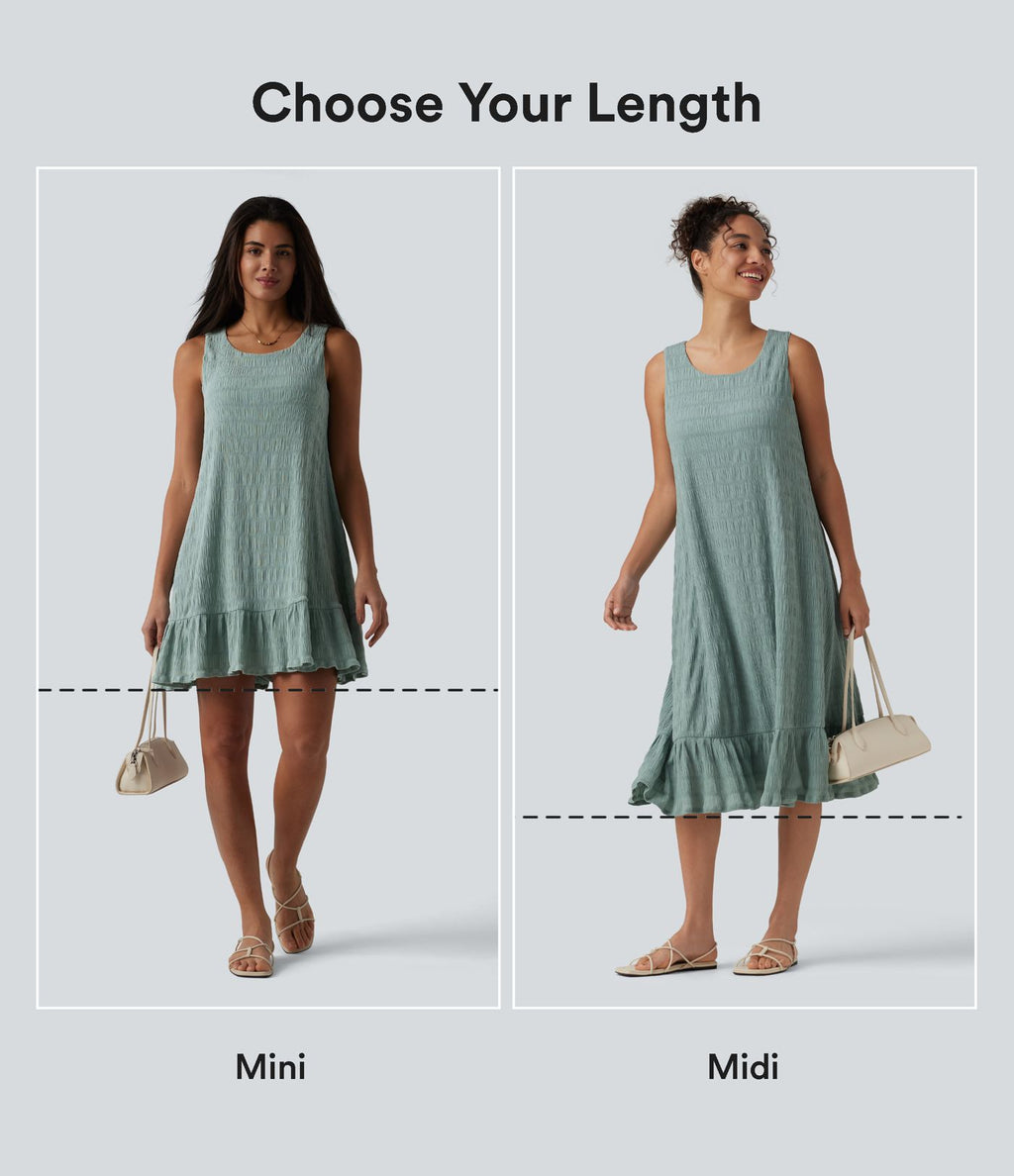 Robe midi sans manches à encolure arrondie avec coussinets amovibles et ourlet à volants