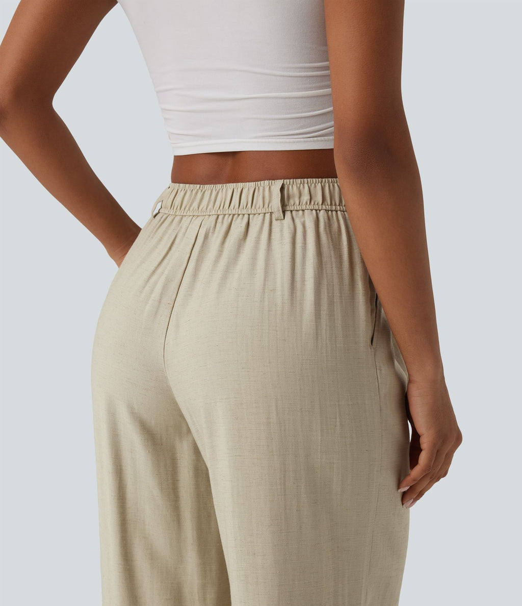 Pantalon large décontracté taille haute aspect lin avec poches