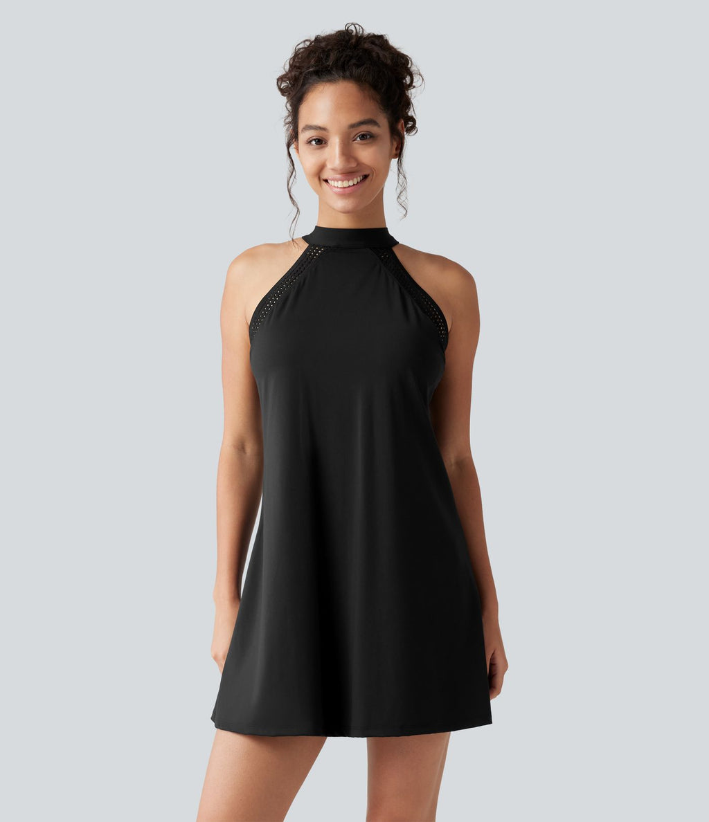 Robe-short mini SoftlyZero™ Airy effet frais InstantCool pour le yoga longueur allongée avec dos noué, coussinets amovibles, poche et protection solaire UPF50+