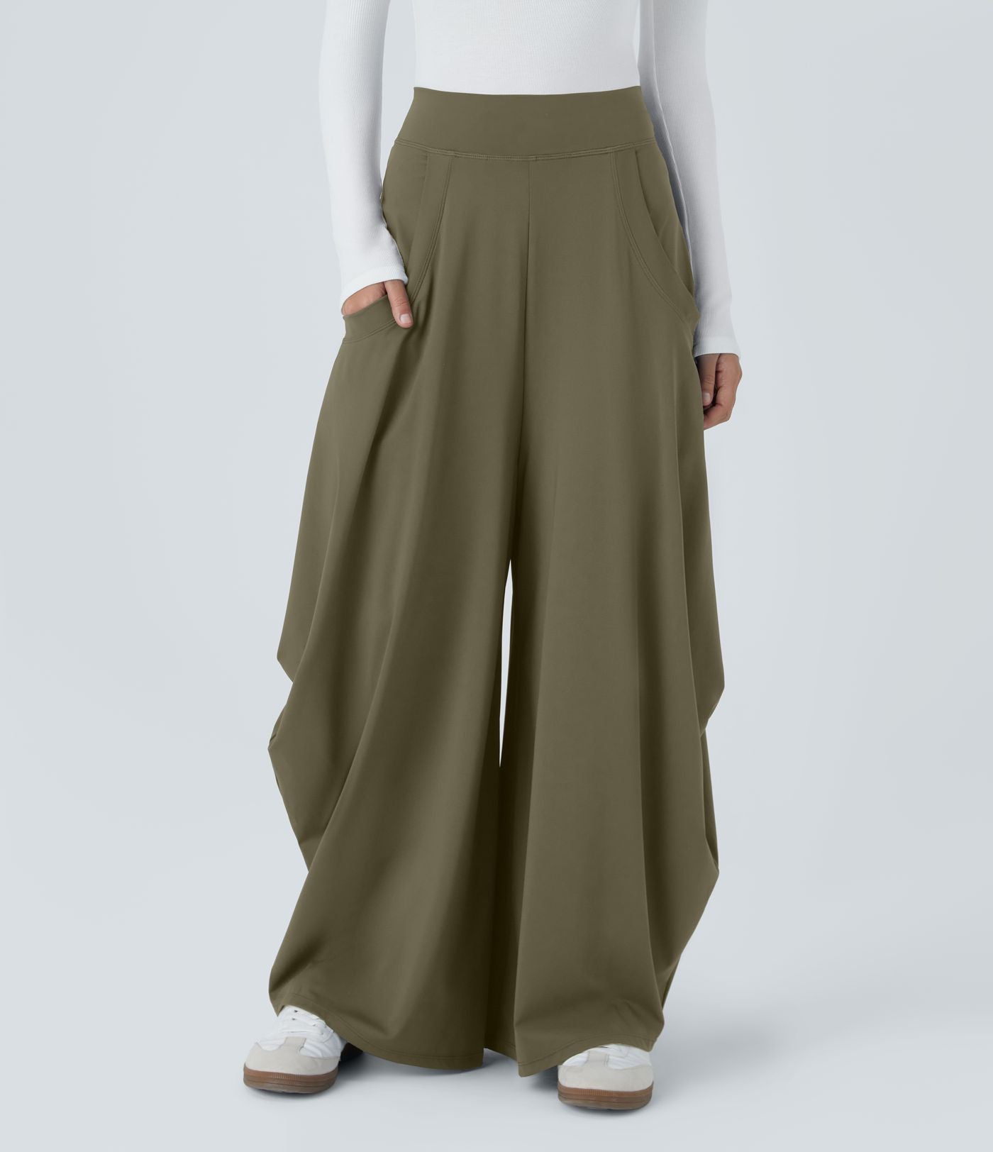 Pantalon décontracté drapé à poches multiples et taille moyenne, jambe large