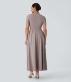 Robe longue décontractée à col montant, manches courtes et poches latérales