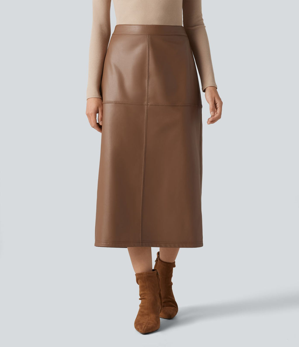 Jupe crayon midi habillée taille haute en simili cuir doublé polaire avec fermeture éclair invisible et fente