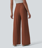 Pantalon casual large fluide mélange lin taille haute avec cordon de serrage et poches
