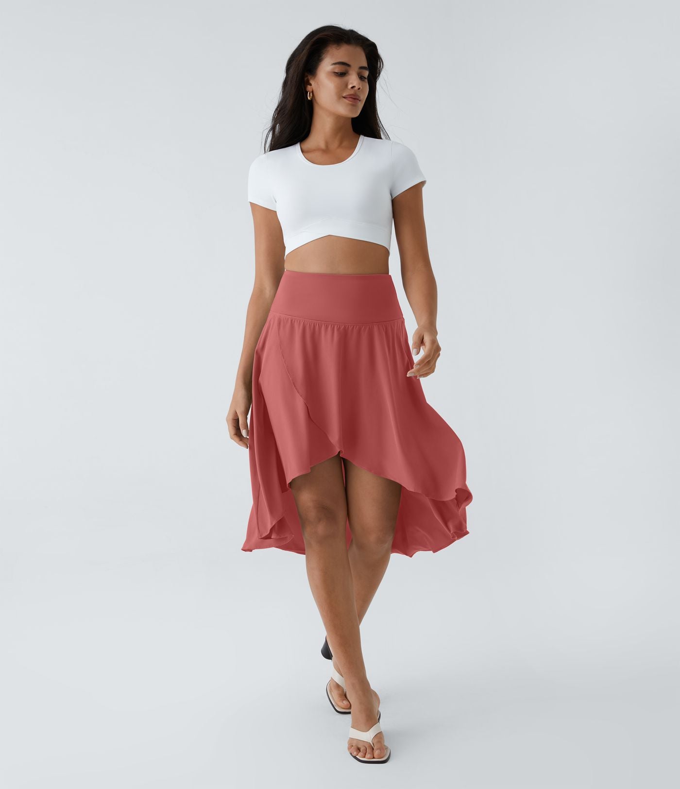 Breezeful™ Jupe Danse Fluide 2-en-1 à Taille Haute Volants Asymétriques Haut-Bas et Séchage Rapide