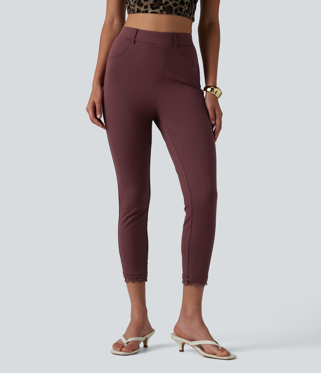 Leggings courts décontractés DayStretch taille haute en dentelle contrastée avec poches