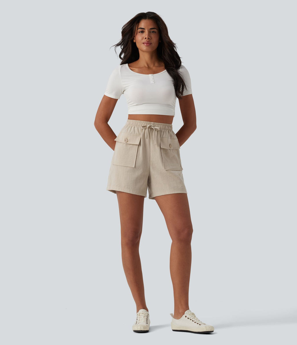Short décontracté aspect lin taille haute avec cordon de serrage et poches