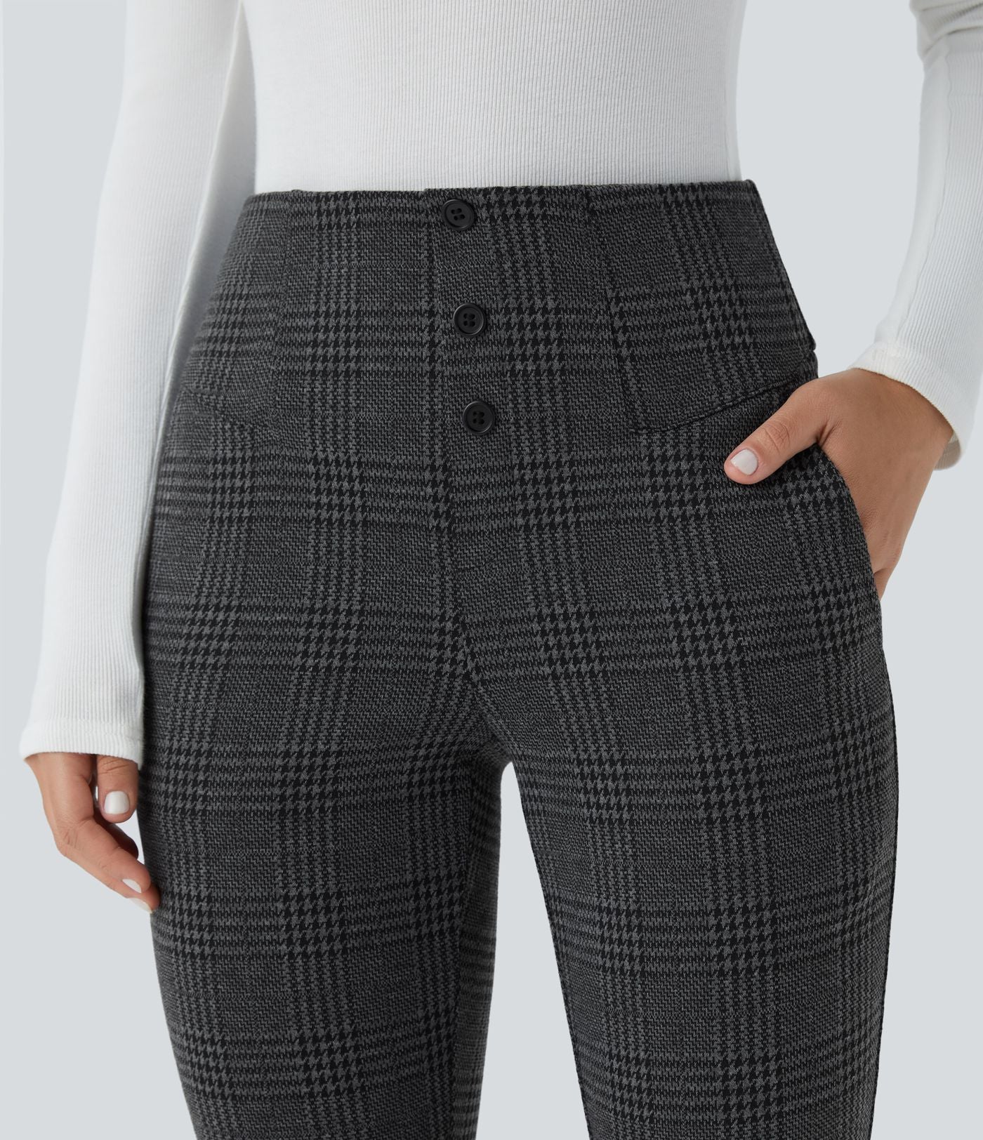 Halara Flex™ Pantalon tailleur Cintrés à Taille Haute avec Boutons Décoratifs Poches Latérales et Imprimé Pied-de-Poule