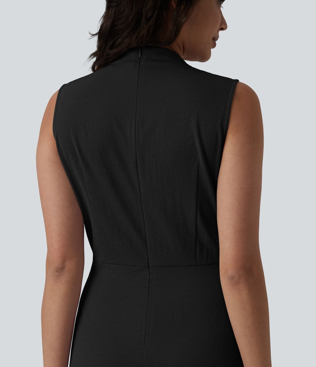 Robe mi-longue plissée col V sans manches avec fermeture éclair invisible et poches pour le travail