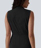 Robe mi-longue plissée col V sans manches avec fermeture éclair invisible et poches pour le travail