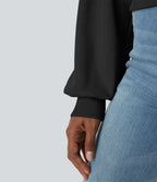 Sweat-shirt décontracté ample à col rond, épaules tombantes et manches évasées plissées
