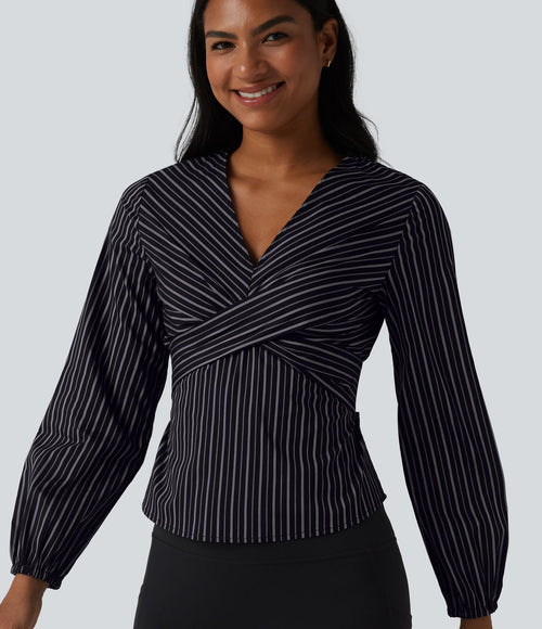 Blouse de travail rayée à col V, manches longues et dos noué