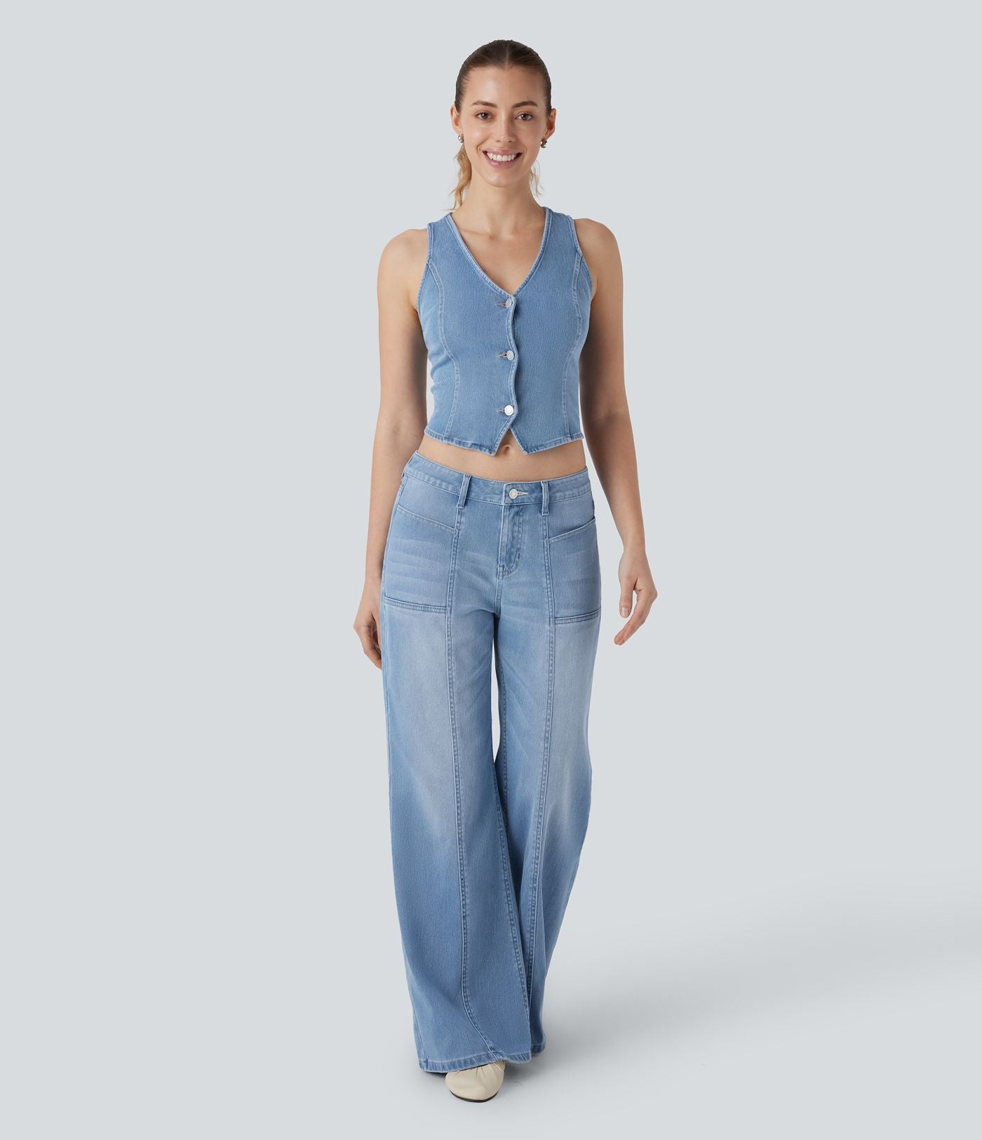 Jean bootcut délavé Halara Flex™ taille basse à poches multiples et fermeture zippée