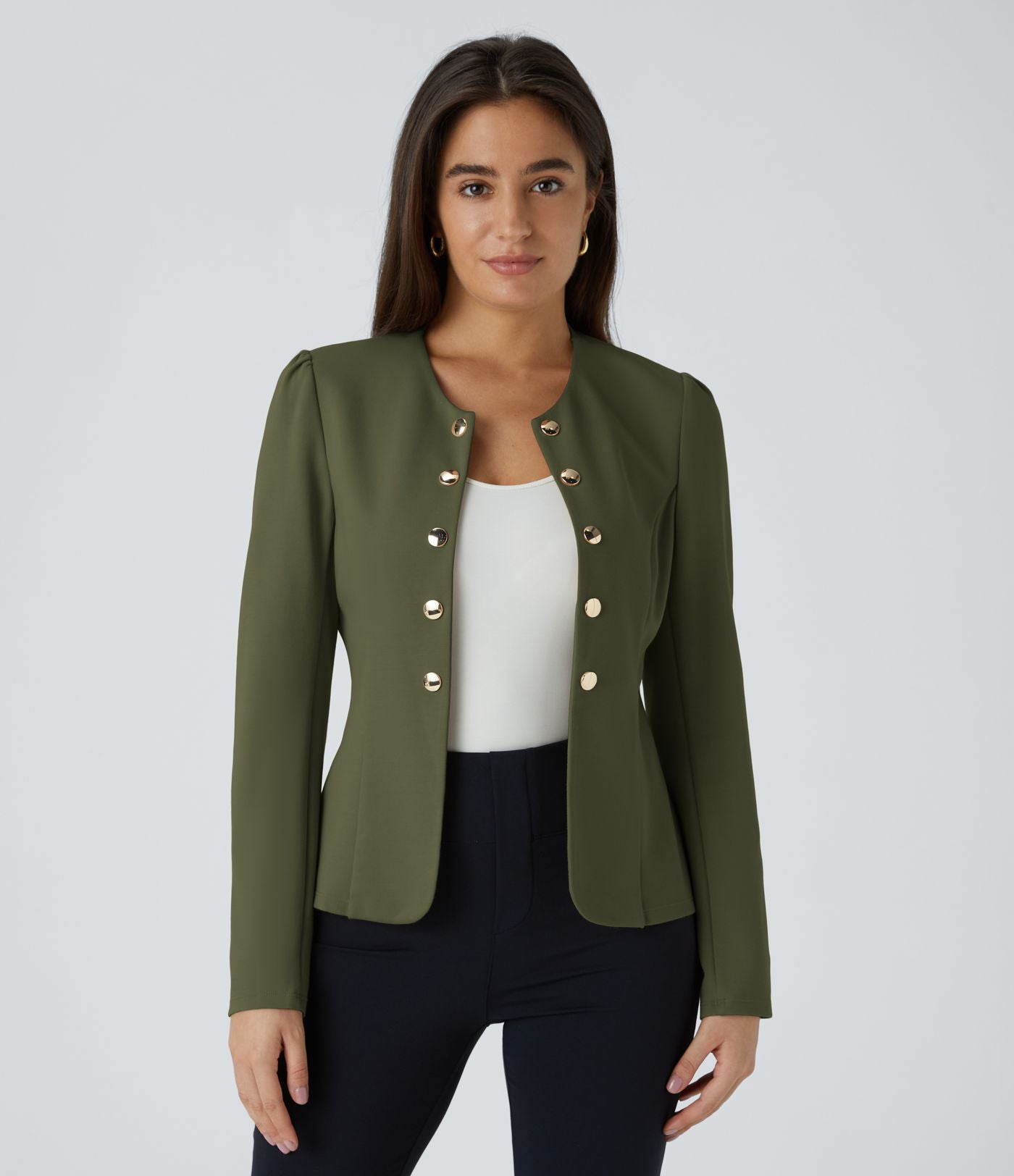 Blazer tailleur ajusté à col rond, manches longues avec boutons décoratifs