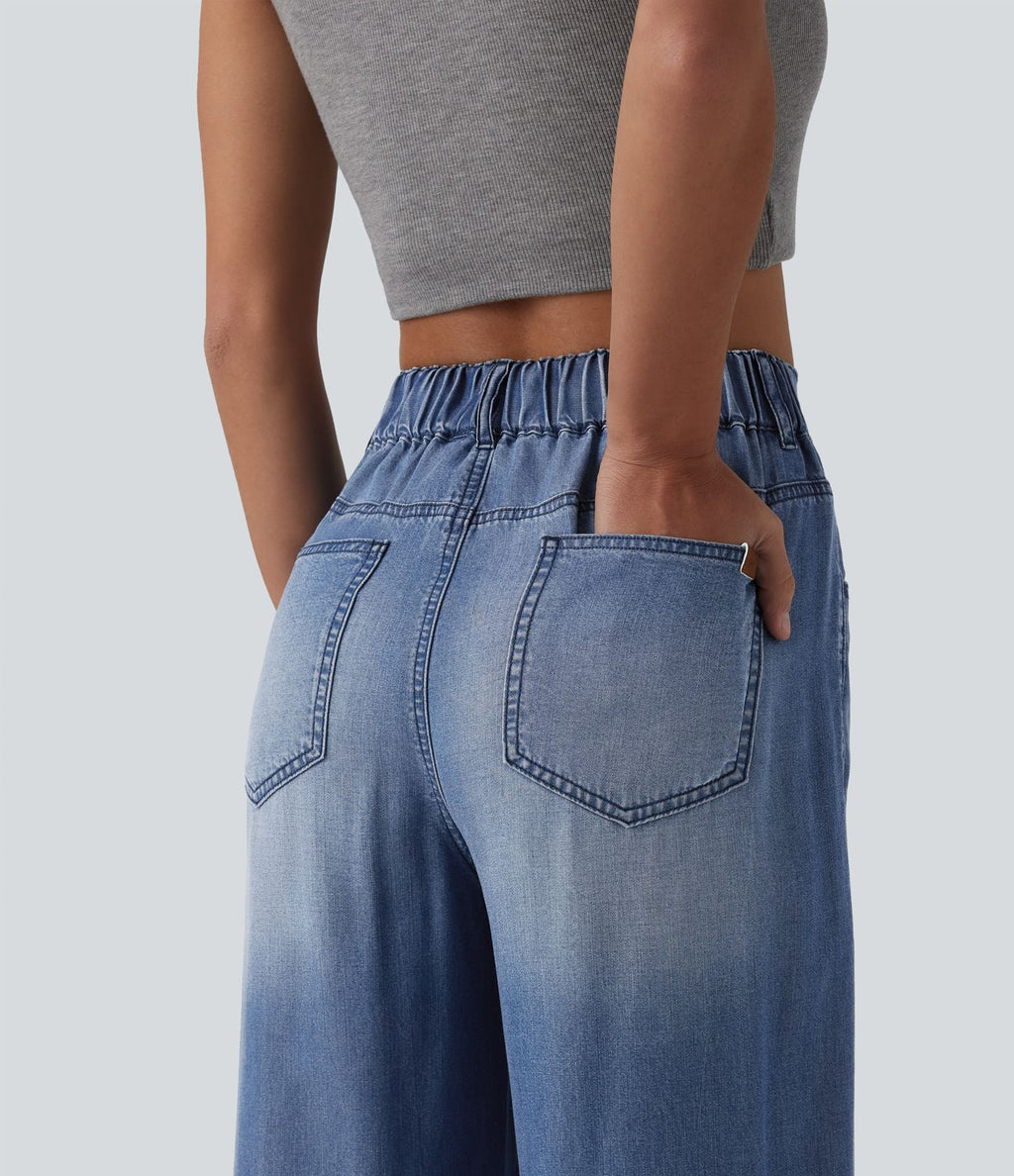 Jean large décontracté asymétrique en lyocell taille mi-haute drapé avec poches