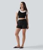 Short casual ample séchage rapide taille mi-haute aspect froissé avec poches à rabat