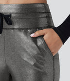 Jogging en simili SoftlyZero™ taille haute, effet sparkle métallisé, extensible avec poches