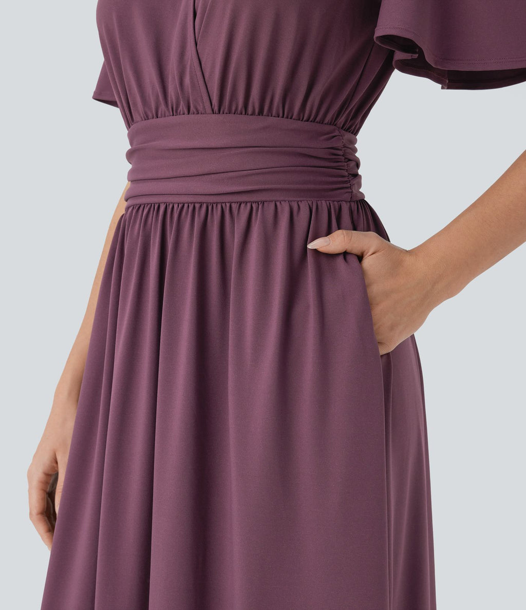 Robe mi-longue fluide de villégiature avec col V, manches courtes, drapée et fendue