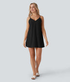 Robe courte aspect lin décolletée en V pour les vacances, à bretelles réglables, dos nu avec lien à nouer et poches latérales